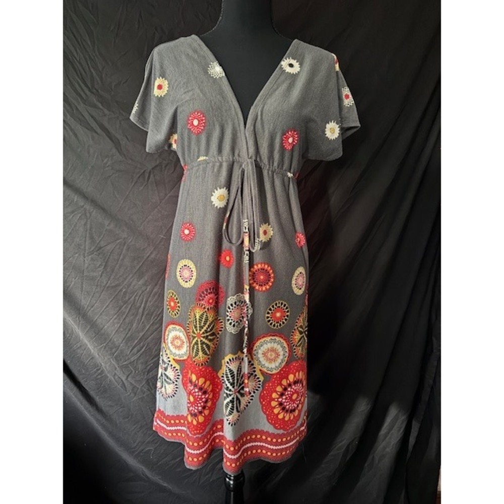 Kathmandu Imports Gray Boho Mandala Print Empire Waist V-Neck Knit Dress Women